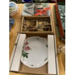 THREE ITEMS - RESIN PLAQUE, BOXED ROSE PLATE AND HOUSE PRINT