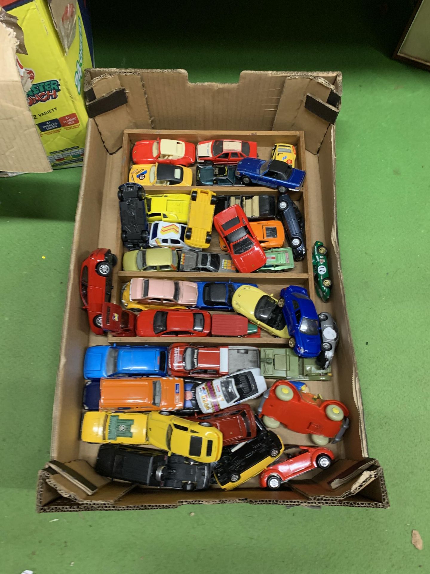 A LARGE QUANTITY OF CARS TO INCLUDE A NODDY CAR, PEUGEOT, THUNDER TRUCK, ETC.,