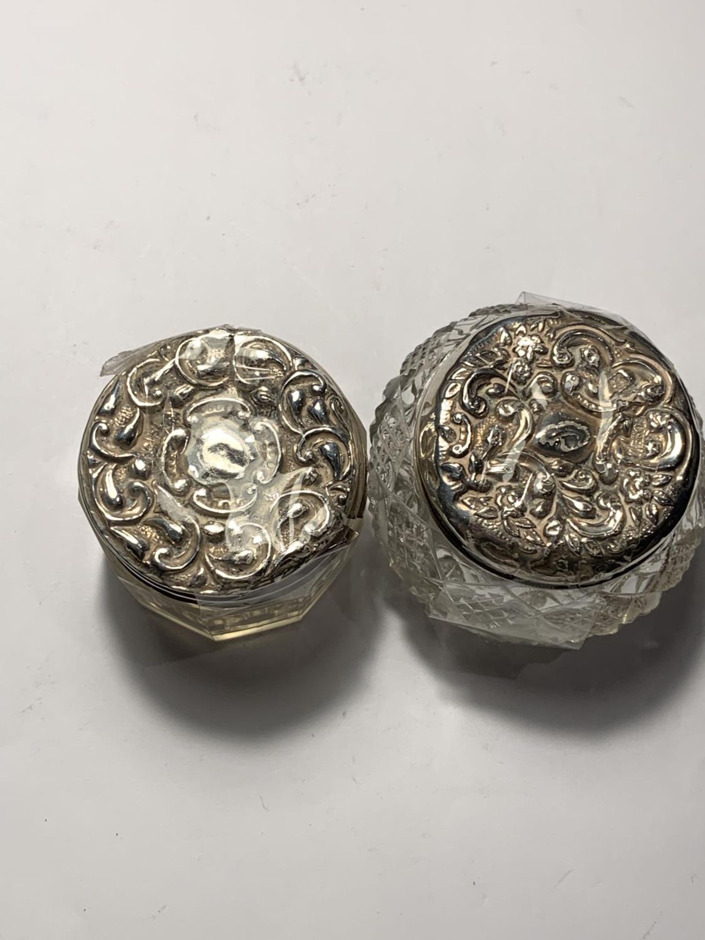 TWO GLASS JARS WITH ORNATE SILVER TOPS - Image 3 of 3
