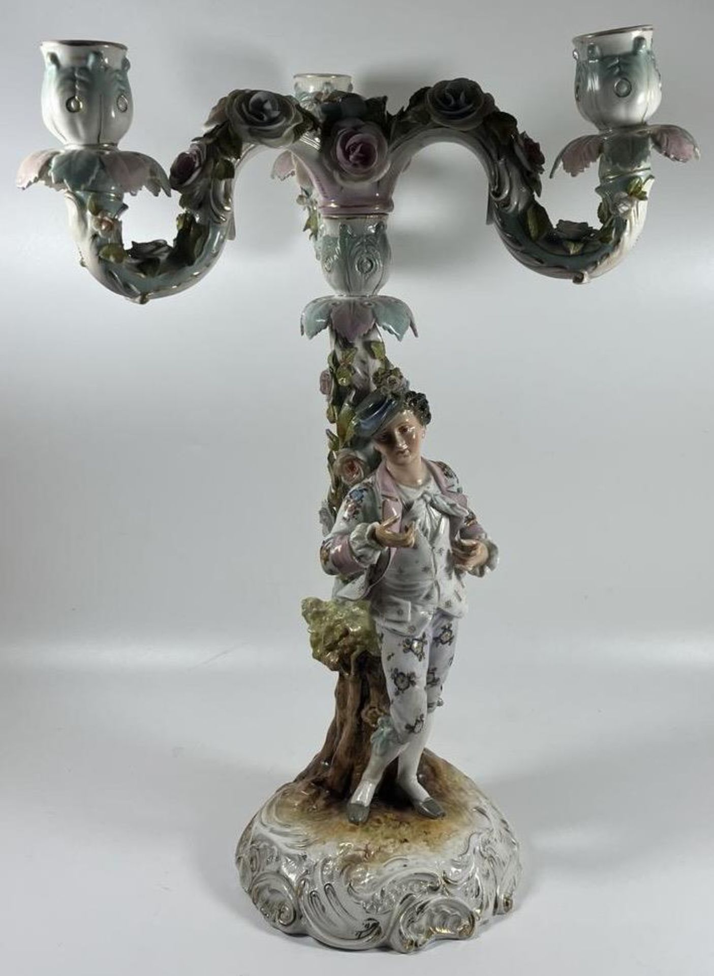 A LARGE ANTIQUE VOLKSTEDT PORCELAIN FIGURAL CANDELSTICK, MARKED TO BASE, TOP A/F, HEIGHT 33CM