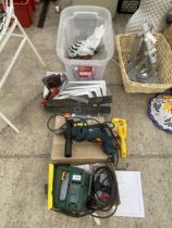 AN ASSORTMENT OF TOOLS TO INCLUDE A BOSCH JIGSAW, A BLACK AND DECKER DRILL, AND BRACKETS