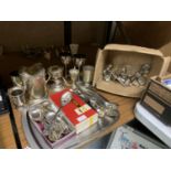 A BOX OF ASSORTED SILVER PLATED ITEMS, FLATWARE, STAINLESS STEEL TRAY ETC