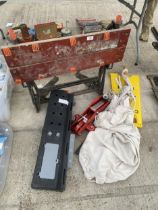 AN ASSORTMENT OF ITEMS TO INCLUDE A FOLDING WORKMATE BENCH AND A TROLLEY JACK ETC