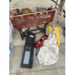 AN ASSORTMENT OF ITEMS TO INCLUDE A FOLDING WORKMATE BENCH AND A TROLLEY JACK ETC