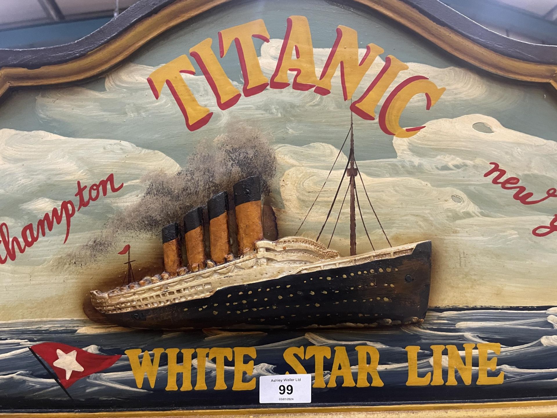 A HAND PAINTED TITANIC WHITE STAR ADVERTISING BOARD - Image 2 of 2