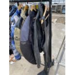 AN ASSORTMENT OF MOTORBIKE CLOTHING TO INCLUDE JACKETS AND LEATHER DUNGEREES ETC