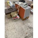 A NEW HOME ELECTRIC SEWING MACHINE WITH FOOT PEDAL AND CARRY CASE AND TWO SEWING BOXES WITH