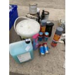 AN ASSORTMENT OF PAINTS, SPRAYS AND MOTOR OILS ETC