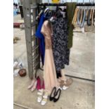 AN ASSORTMENT OF LADIES EVENING DRESSES OF VARIOUS SIZES AND AN ASSORTMENT OF LADIES SHOES ETC