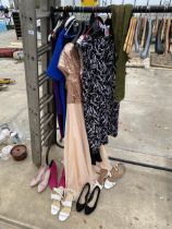 AN ASSORTMENT OF LADIES EVENING DRESSES OF VARIOUS SIZES AND AN ASSORTMENT OF LADIES SHOES ETC