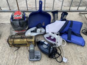 AN ASSORTMENT OF ITEMS TO INCLUDE A MOTORBIKE HELMET, JIFE JACKET AND TWO IRONS ETC