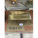 FOUR VINTAGE BRASS DOOR PLAQUES TO INCLUDE A 'TOILET' SIGN