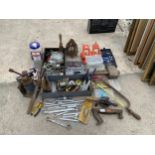 AN ASSORTMENT OF TOOLS TO INCLUDE A BOTTLE JACK, BRACE DRILL AND SPANNERS ETC