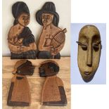 FIVE VINTAGE WOODEN AFRICAN TRIBAL MASKS TO INCLUDE TWO PAIRS OF HANGING FACE ORNAMENTS - SAO TOME