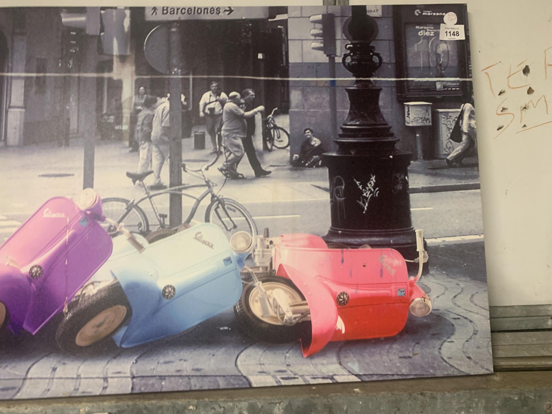 A LARGE CANVAS BOX POSTER OF SIX VESPA SCOOTERS, 48" X 20" - Image 2 of 3