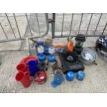 AN ASSORTMENT OF CAMPING ITEMS TO INCLUDE A GAS STOVE, LIGHTS AND KETTLES ETC