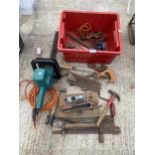 AN ASSORTMENT OF TOOLS TO INCLUDE SAWS, FILES AND ABLACK AND DECKER HEDGE TRIMMER ETC