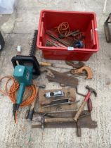 AN ASSORTMENT OF TOOLS TO INCLUDE SAWS, FILES AND ABLACK AND DECKER HEDGE TRIMMER ETC