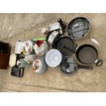 AN ASSORTMENT OF KITCHEN ITEMS TO INCLUDE PLATES, PANS AND CUPS ETC