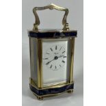 A QUALITY ENGLISH ANGELUS BRASS CASED CARRIAGE CLOCK WITH LAPIS LAZULI BANDED DESIGN, WORKING AT
