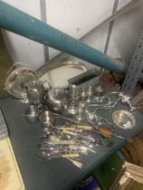 A MIXED LOT OF SILVER PLATE AND STAINLESS STEEL TEA SET ETC