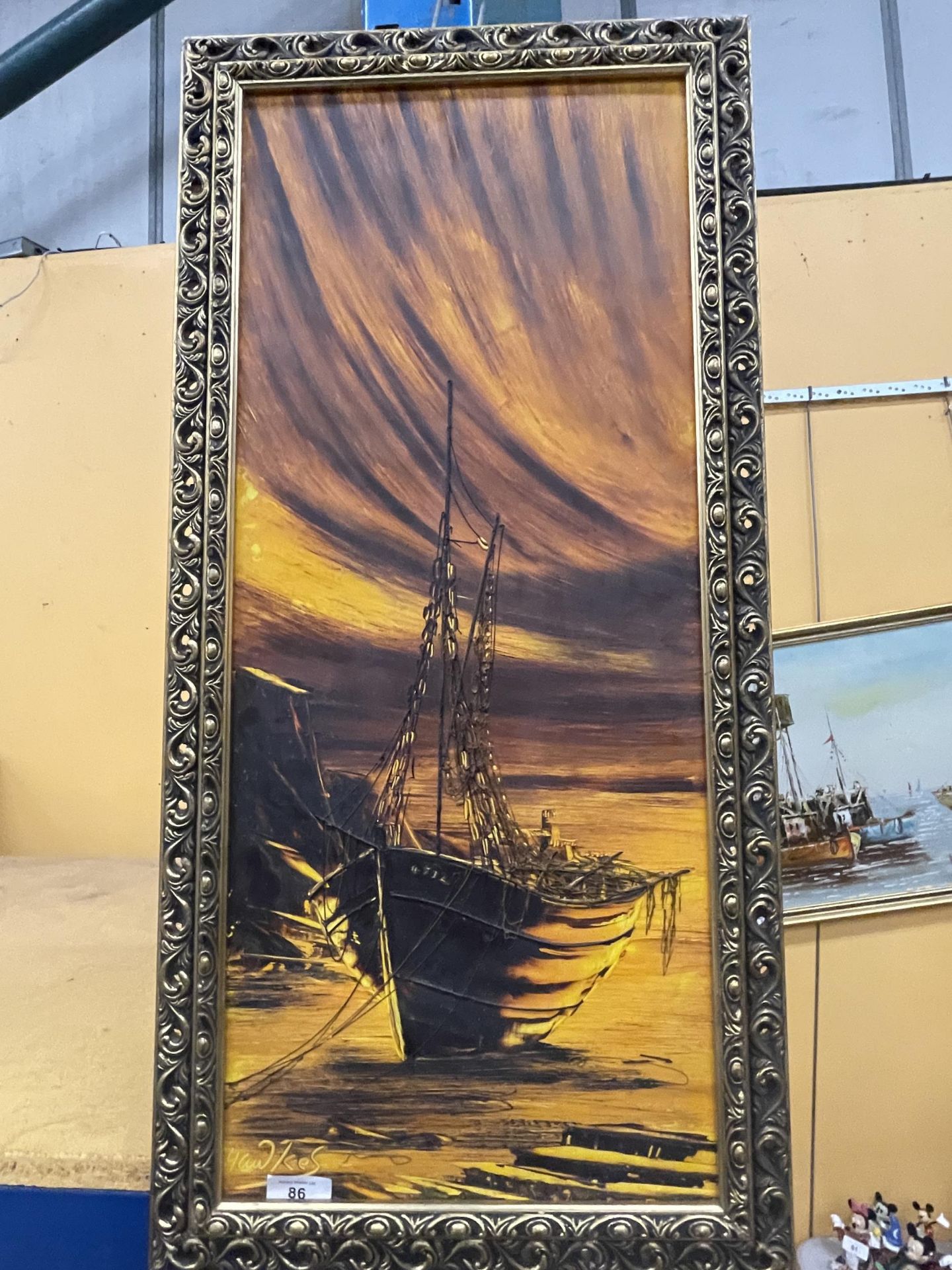A PAIR OF GILT FRAMED MARITIME OIL ON BOARD PAINTINGS BOATS AT SHAW SIGNED HAWKES - Image 2 of 4