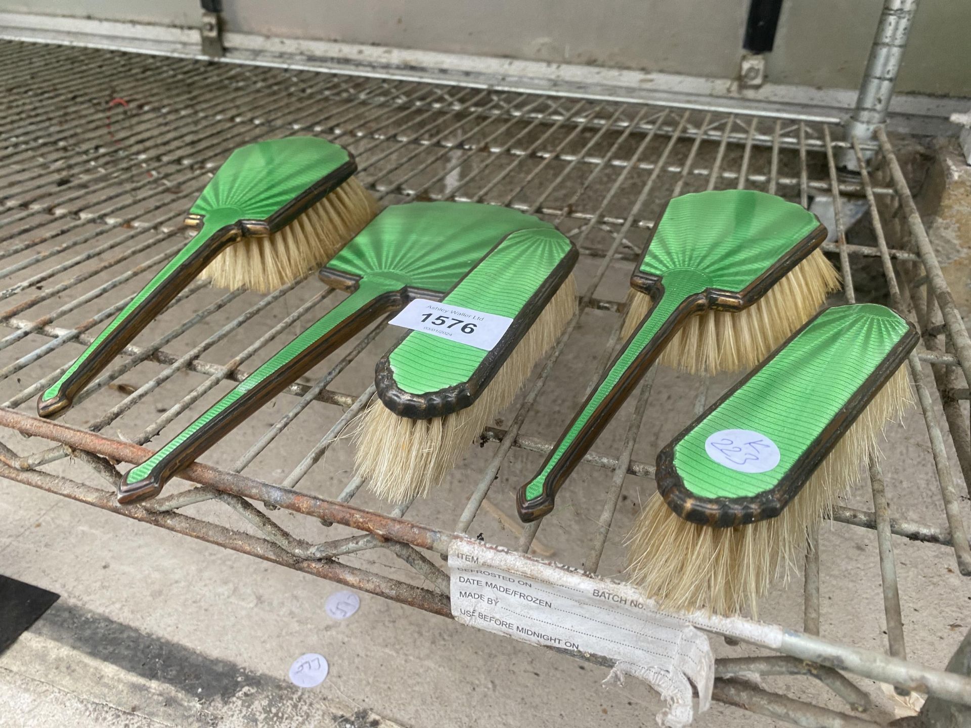 FIVE VINTAGE GREEN ENAMELED BRASS DRESSING TABLE BRUSHES - Image 2 of 2