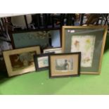 A MIXED LOT OF FRAMED PRINTS, EMBROIDERED STEAM ENGINE ETC
