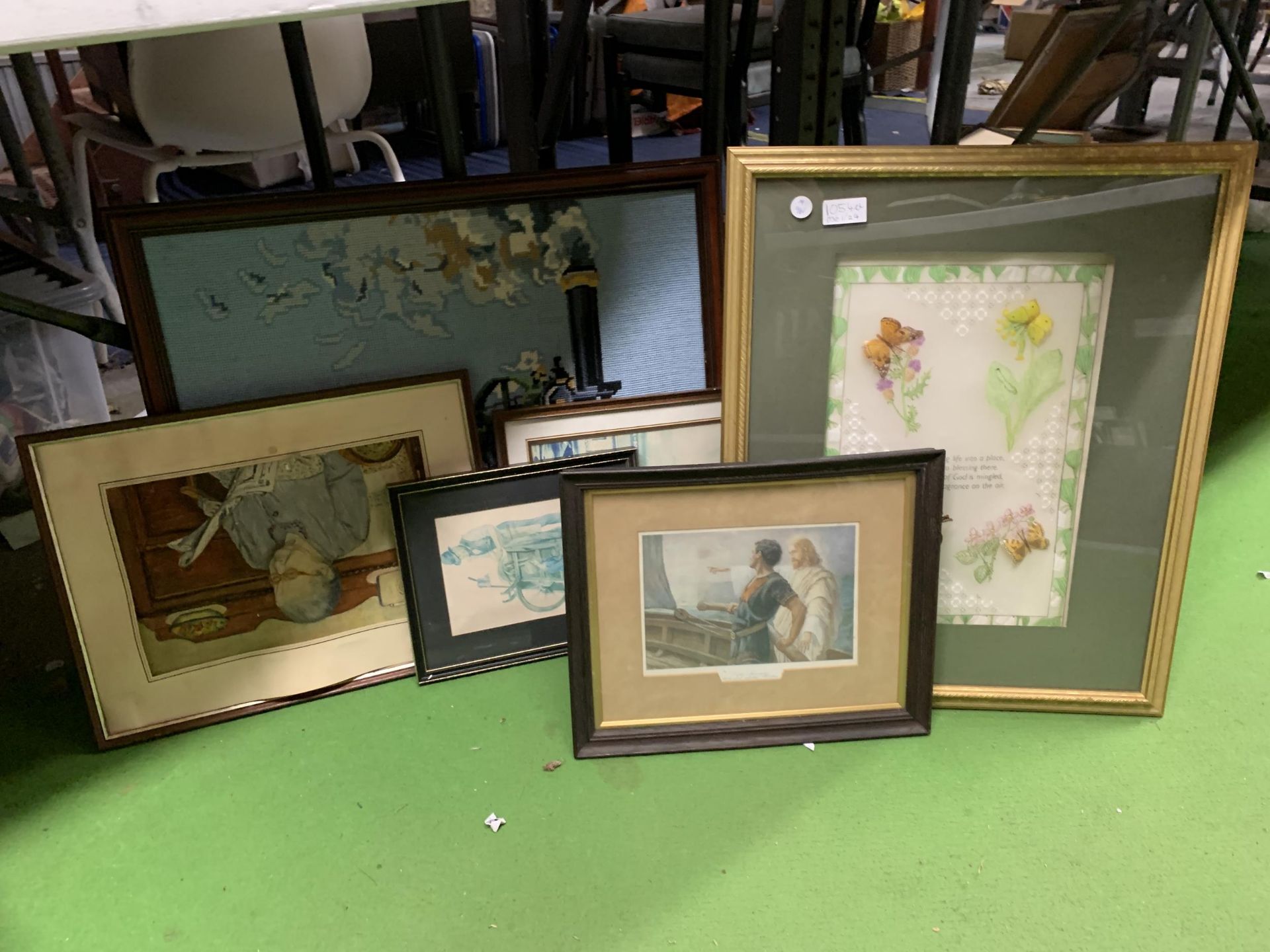 A MIXED LOT OF FRAMED PRINTS, EMBROIDERED STEAM ENGINE ETC