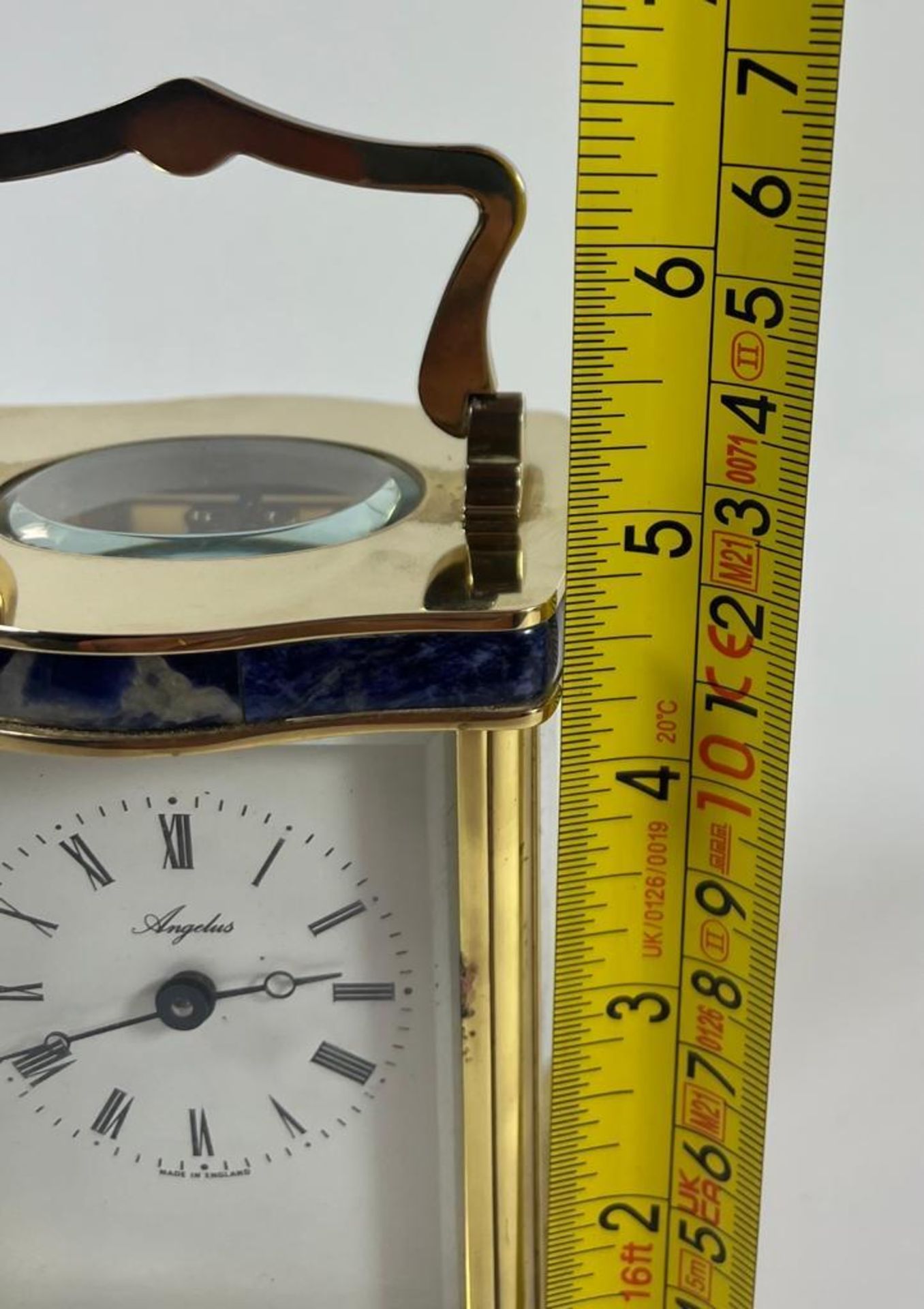 A QUALITY ENGLISH ANGELUS BRASS CASED CARRIAGE CLOCK WITH LAPIS LAZULI BANDED DESIGN, WORKING AT - Image 5 of 5