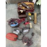 AN ASSORTMENT OF RETRO ITEMS TO INCLUDE BINOCULARS AND IRONS ETC
