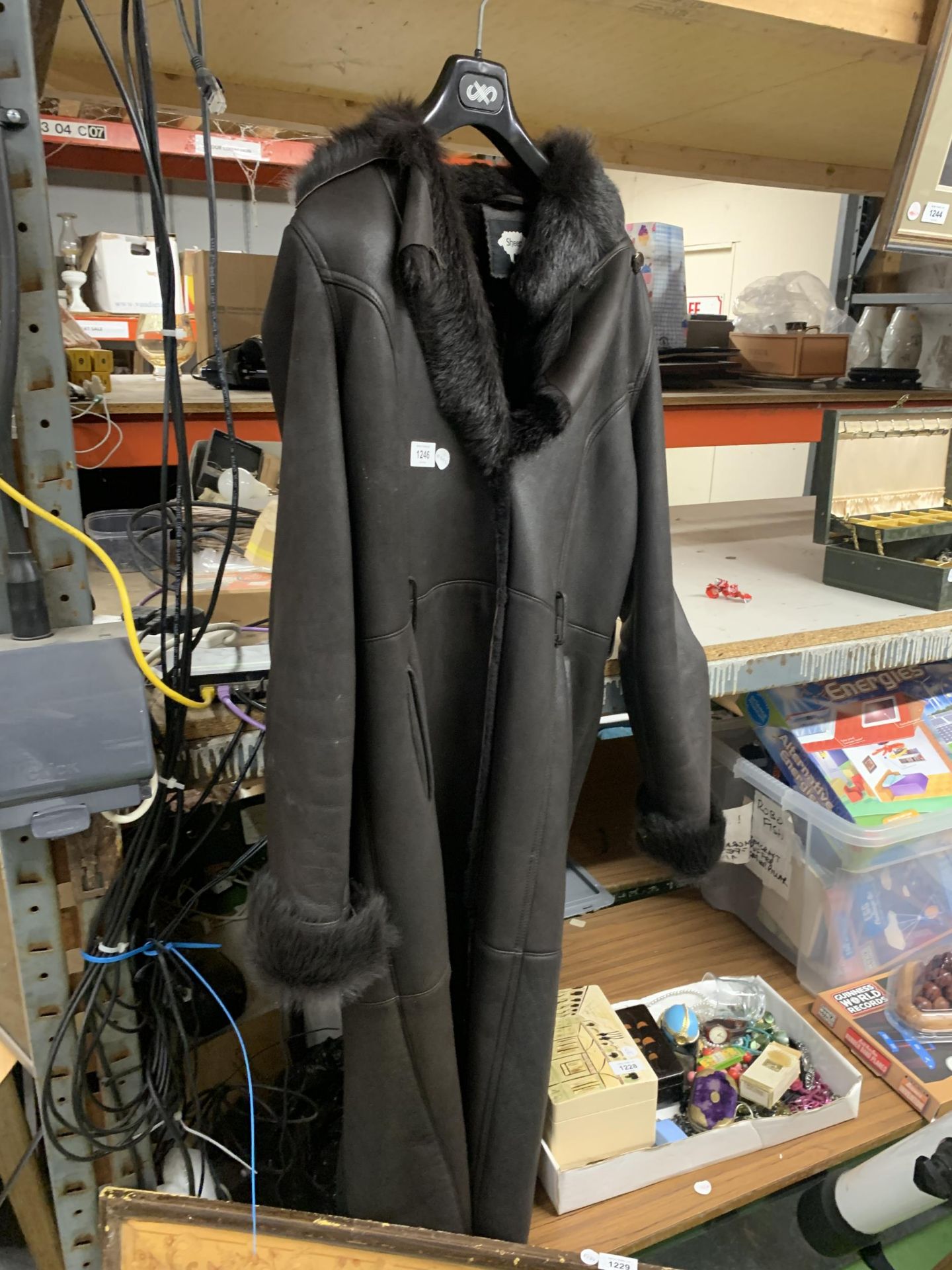 A 'SHEEP' FAUX BLACK FUR AND LEATHER LONG LADIES COAT