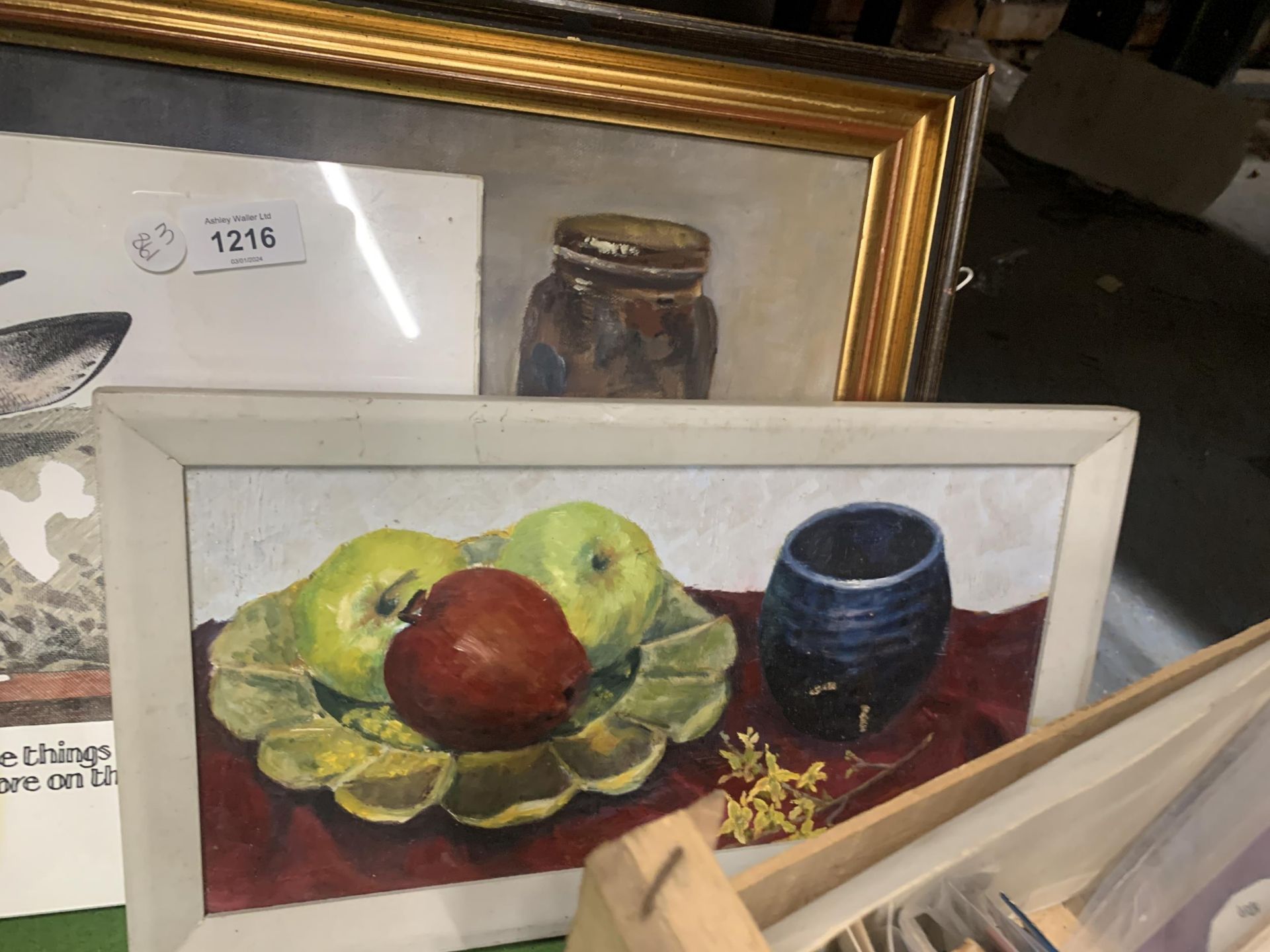 TWO ORIGINAL STILL LIFE OIL PAINTINGS AND FURTHER RABBIT PRINT - Image 3 of 4