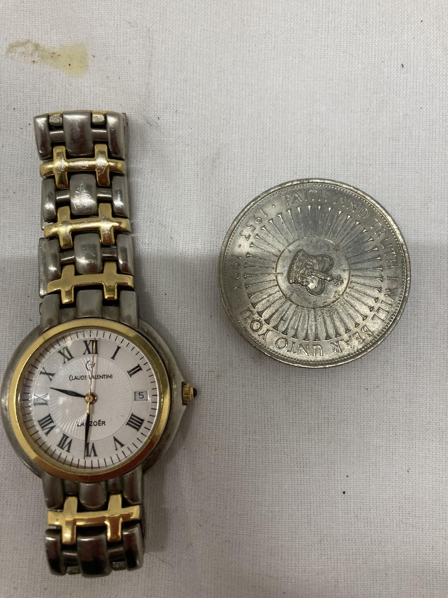 A CLAUDE VALENTINI BI METAL WATCH AND COMMEMORATIVE COIN - Image 2 of 3
