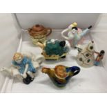 A COLLECTION OF NOVELTY TEAPOTS TO INCLUDE MOORLAND AND TONY WOOD - 6 IN TOTAL