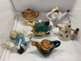 A COLLECTION OF NOVELTY TEAPOTS TO INCLUDE MOORLAND AND TONY WOOD - 6 IN TOTAL
