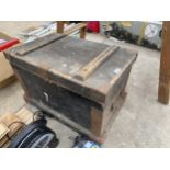 A VINTAGE WOODEN TOOL CHEST WITH CARRYING HANDLES