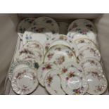 A COLLECTION OF ASSORTED BONE CHINA PLATES AND SAUCERS INCLUDING ROYAL CROWN DERBY POSIES, ROYAL