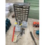 AN ASSORTMENT OF TOOLS AND HARDWARE TO INCLUDE NAILS AND SCREWS ETC
