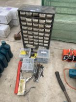 AN ASSORTMENT OF TOOLS AND HARDWARE TO INCLUDE NAILS AND SCREWS ETC