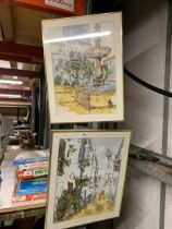 TWO FRAMED PEN AND INK WATERCOLOUR STREET SCENES, INDISTINCTLY SIGNED, POSSIBLY BERNARD DUFOUR,