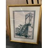 A FRAMED AND GLAZED CARTOON TRAIN CRASH PRINT, 23" X 18"