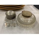TWO VINTAGE GLASS AND METAL TOPPED INKWELLS