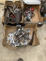 A LARGE ASSORTMENT OF TOOLS TO INCLUDE VARIOUS SPANNERS, FILES AND COMPRESSOR ATTATCHMENTS ETC