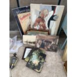 AN ASSORTMENT OF VINTAGE FRAMED AND UNFRAMED PICTURES AND CALANDERS ETC