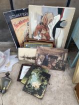 AN ASSORTMENT OF VINTAGE FRAMED AND UNFRAMED PICTURES AND CALANDERS ETC