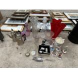 AN ASSORTMENT OF ITEMS TO INCLUDE METAL WARE COFFEE POTS, GLASS VASES AND NAME CARD HOLDERS ETC