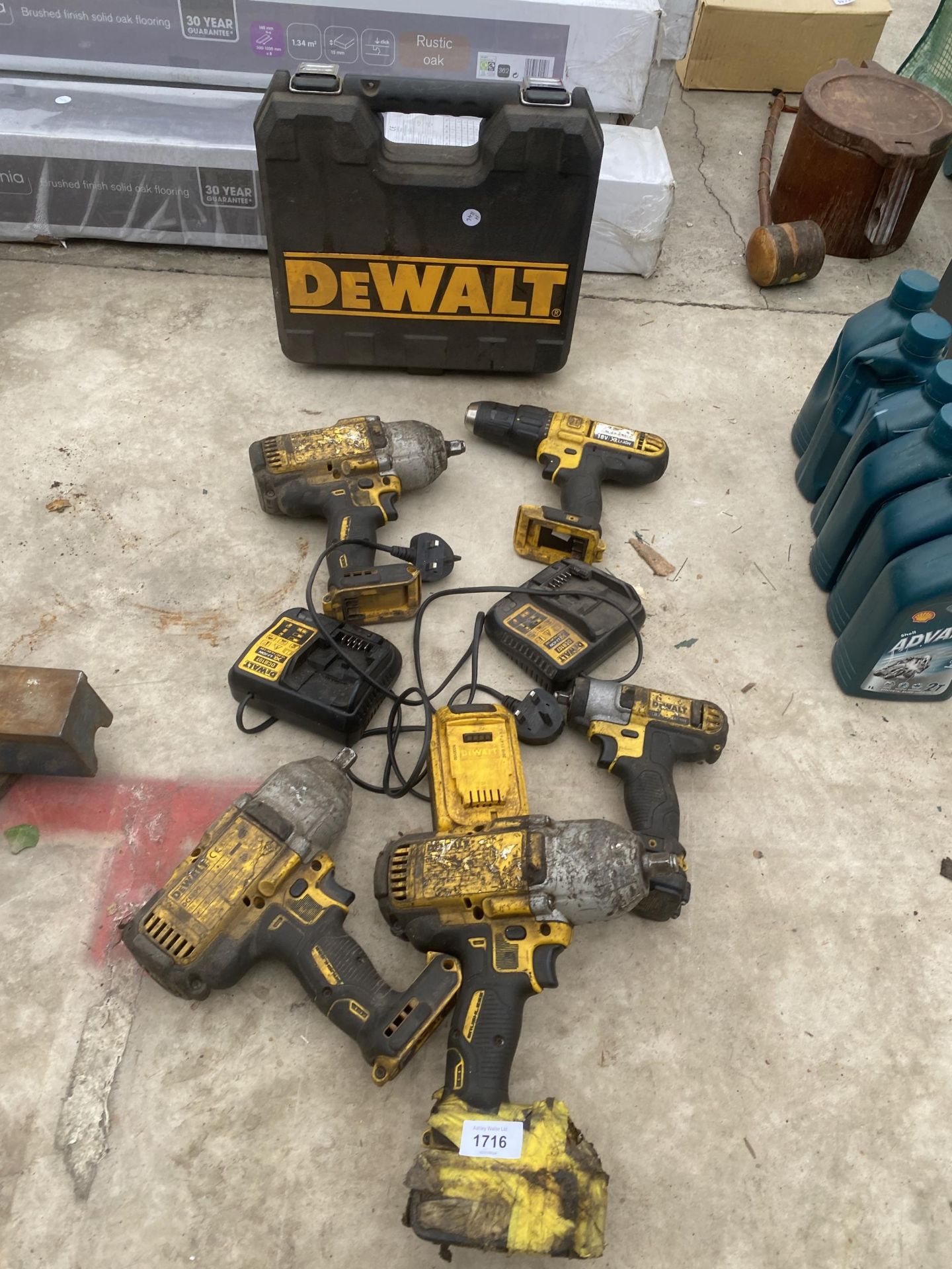 FIVE VARIOUS DEWALT POWER TOOLS TO INCLUDE DRILLS AND IMPACT WRENCHES ETC WITH CHARGERS AND CASE ETC