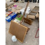 AN ASSORTMENT OF ITEMS TO INCLUDE TWO ARTISTS EASELS AND A JIGSAW STORAGE TABLE ETC