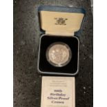 UK 1990 , QUEEN MOTHER 90TH , £5 SILVER PROOF CROWN . CASED WITH COA